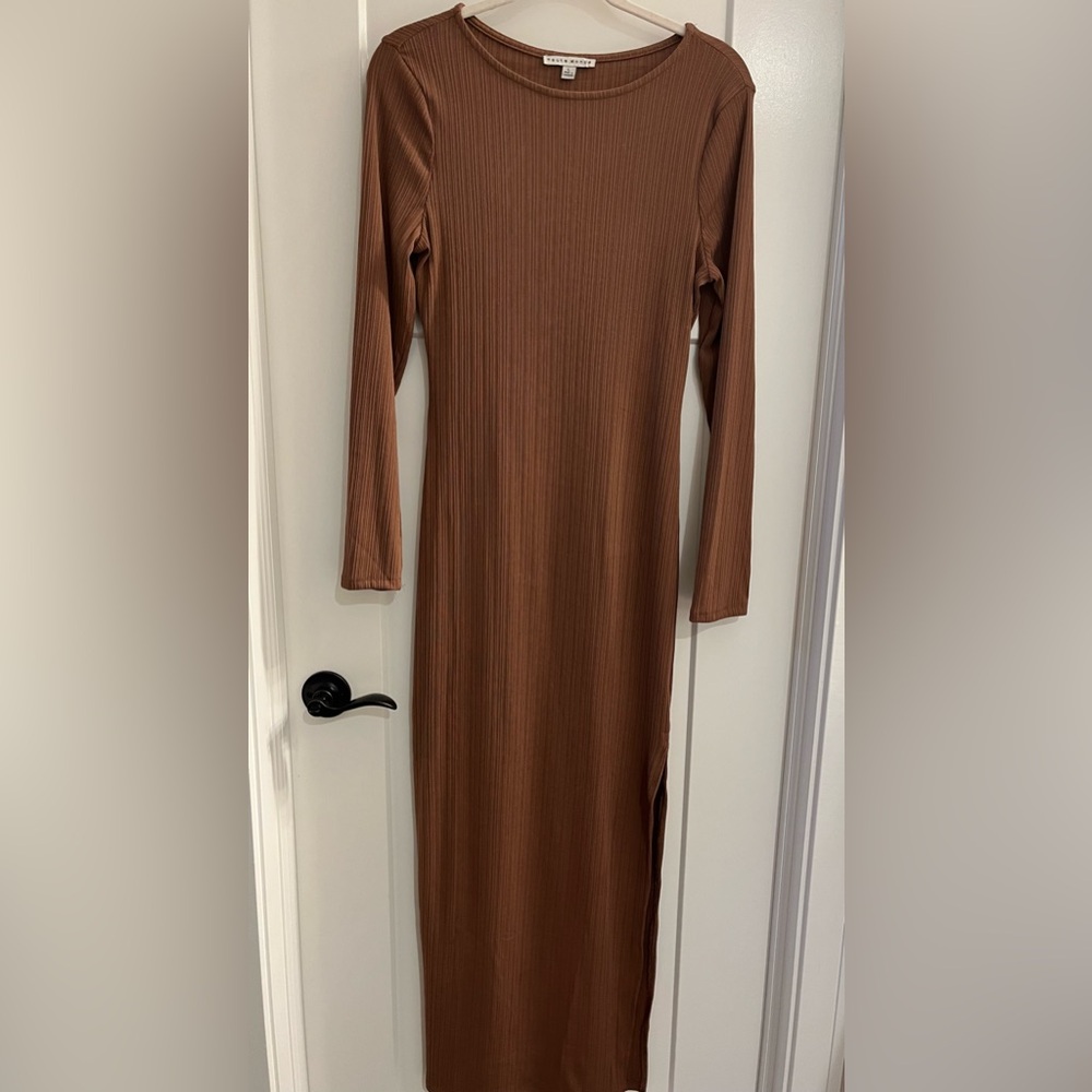 Maxi Brown Ribbed Side Slit